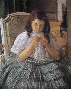 Mary Cassatt The girl is sewing in green dress Spain oil painting artist
